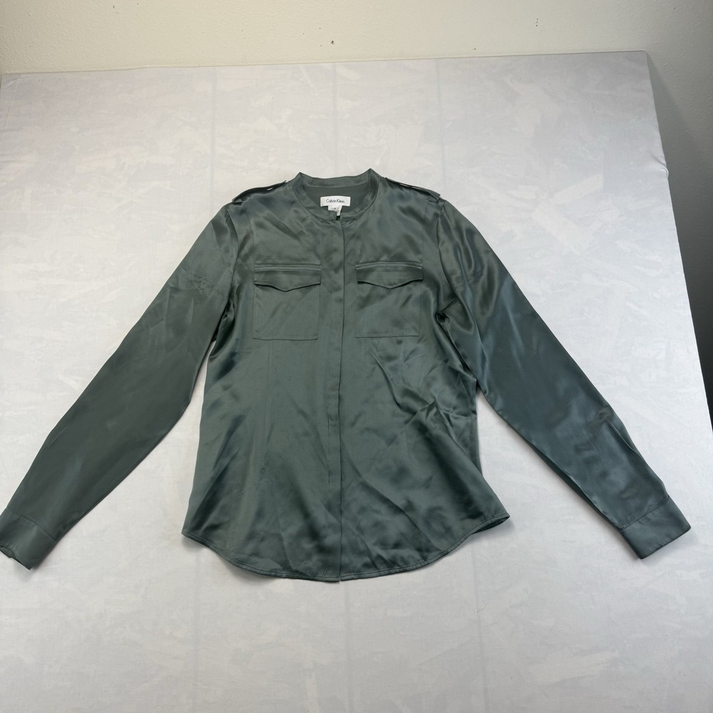 Calvin Klein 100% Silk Blouse Womens 8 Gray Button Up Career Top
